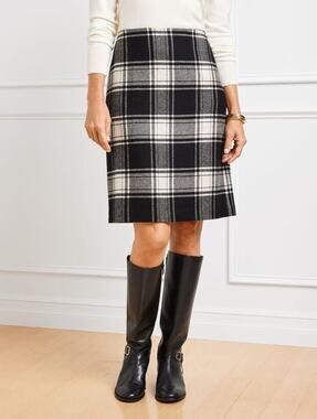 Talbots Tartan Plaid 100% Wool A-Line Skirt Gray Black Size 8